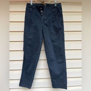 Free People black, distressed ankle length jeans, button closure, back strap, 0